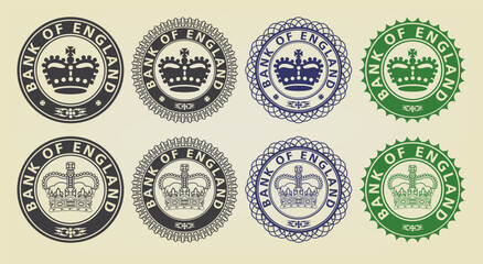 Vector graphic set of financial fictional Britain seals. Collection of round icons with royal crown and bank of england inscription. Emblems or badges.