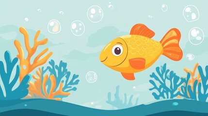 A cute cartoon goldfish swims in a blue and green underwater scene with coral.