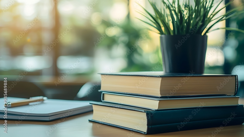 Poster stacked business books and notes on wooden table representing continuous learning and development
