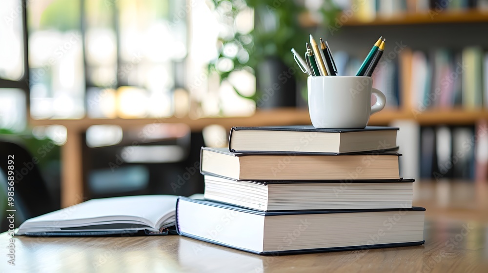 Poster stack of business books and notes on wooden table representing continuous learning and development
