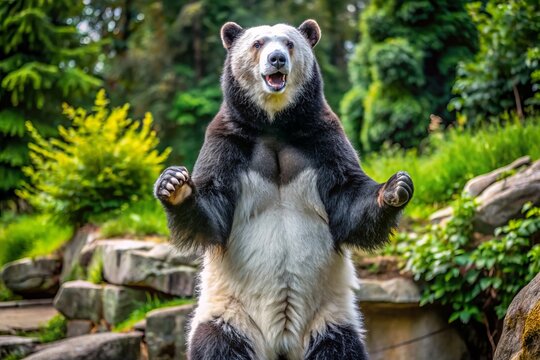 Giant bear rises on hind legs, its black and white fur bristling with menace, eyes blazing with a