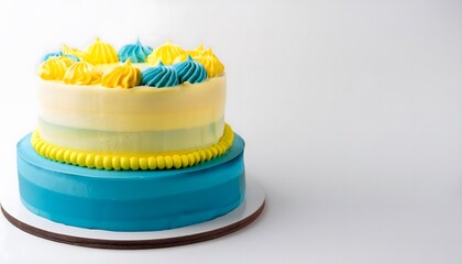 Layered Birthday Cake with Yellow and Blue Frosting