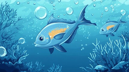 Fototapeta premium A cartoon illustration of two blue fish swimming in the ocean.