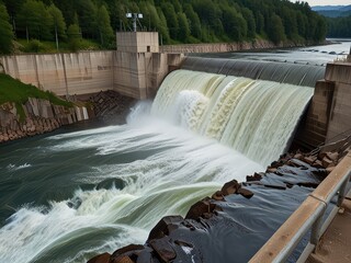 dam on the river,dam in the mountains,water flowing over the waterfall