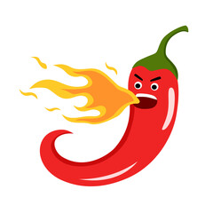 Red chili pepper with fire funny cartoon character in flat design.