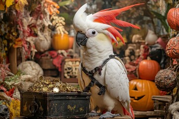 A cockatoo in a pirate outfit, standing beside a treasure chest amidst a Halloween-themed setup with spooky props and festive decorations, showcasing a charming and adventurous bird portrait