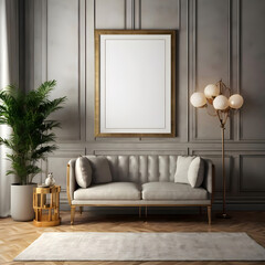 Empty white photo frame mockup in art deco style room.