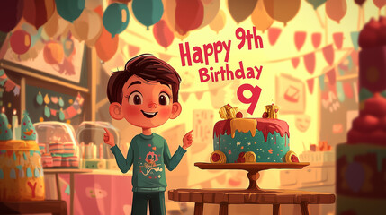 happy 9th birthday, illustration for kids