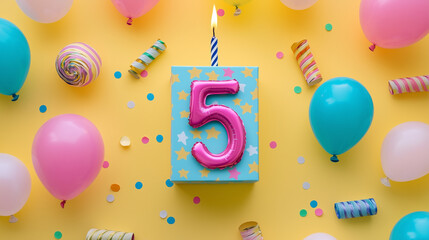 happy 5th birthday, balloons in colourful background 