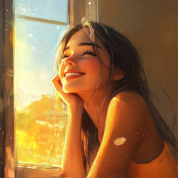 A young beautiful girl, just woke up, meets the dawn at the window on a sunny day.