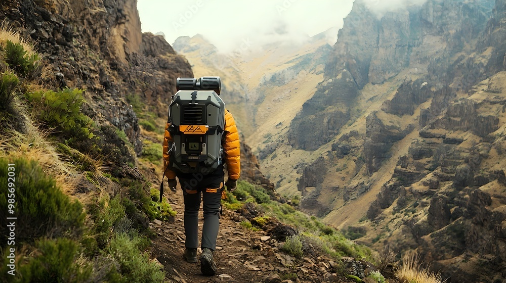 Poster hiker with robotic assistant exploring mountain trail for adventure automation