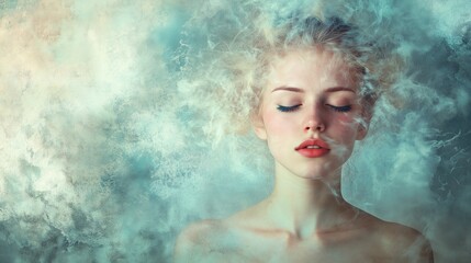 A woman with her eyes closed, surrounded by a soft, ethereal mist, creating a dreamy and serene atmosphere.