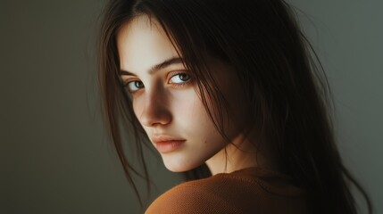 A young woman with a serious and intense expression, gazing directly at the camera, her hair slightly messy against a dark background.