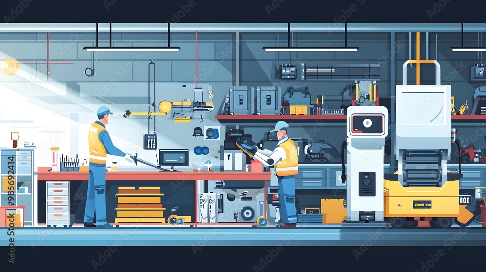 Poster mechanic assisted by a robot in a busy garage with tools and parts