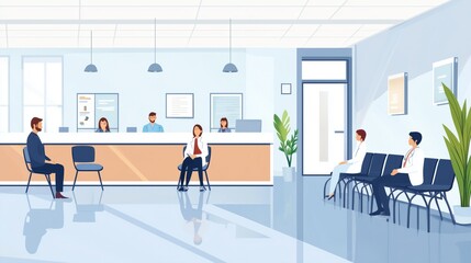 Fototapeta premium Reception Room at Clinic. Patients in Doctors waiting Room in Hospital, office Interior Clinic. Consultation and Medical Diagnosis for Sick. Medicine Concept. Vector Flat Illustration.