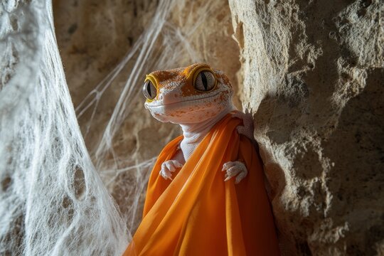 A gecko dressed in a superhero cape climbing up a haunted wall with eerie shadows and cobwebs, capturing a unique Halloween reptile costume with a sense of adventure and spookiness