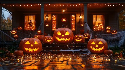 Fototapeta premium A cozy Halloween scene with glowing jack-o'-lanterns on a front porch, illuminated by string lights, creating an inviting and spooky atmosphere.