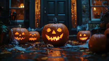 Obraz premium A cozy Halloween scene featuring glowing jack-o'-lanterns on a porch, surrounded by autumn leaves and decorations.