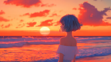 Fototapeta premium A woman stands on a beach at sunset, looking out at the ocean. The sky is a beautiful mix of orange and pink hues, creating a serene and peaceful atmosphere. The woman is lost in thought
