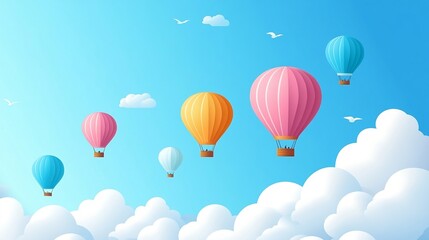 Naklejka premium vector illustration showcasing colorful hot air balloons floating gracefully in a clear blue sky with scattered clouds