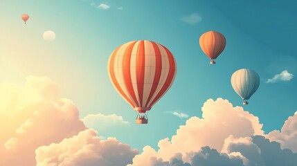 Fototapeta premium vector illustration showcasing colorful hot air balloons floating gracefully in a clear blue sky with scattered clouds