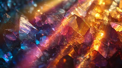 A vibrant close-up of colorful crystals reflecting light, showcasing intricate patterns and a mesmerizing blend of warm and cool hues.