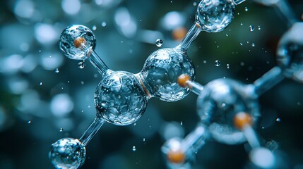 A close-up view of molecular structures in water, showcasing interconnected atoms and the dynamic nature of chemical bonds.
