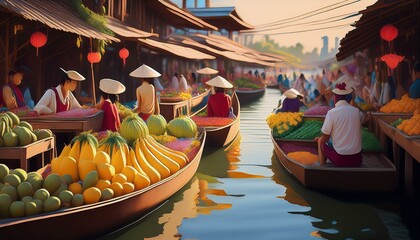 Obraz premium traditional Thai floating market scene with vendors selling fresh fruits, vegetables