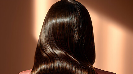 A woman with sleek, glossy hair shown from behind, as her hair shines under soft lighting, highlighting the health and vibrancy of her locks