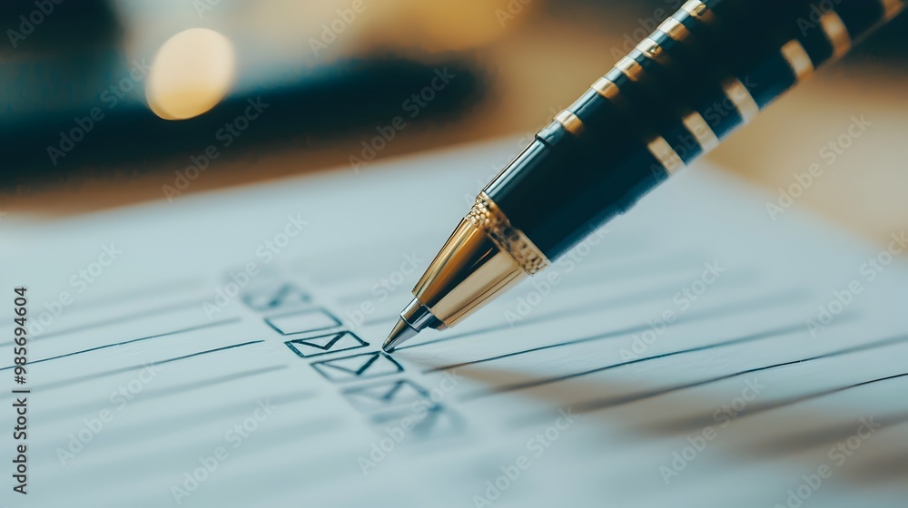 Aufkleber close-up of a pen ticking off tasks on a to-do list,demonstrating business concept and task