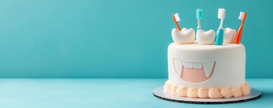 Close-up of a dental-themed retirement cake with small tools like floss, toothbrushes, and toothpaste tubes as decorations Dental-themed cake, Dentist retirement - Powered by Adobe