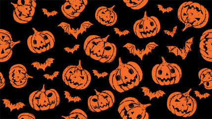 Halloween symbols, pumpkin, bat, pattern on black background, hand drawn illustrations	
