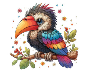 Baby Hornbill Bird color on a white background