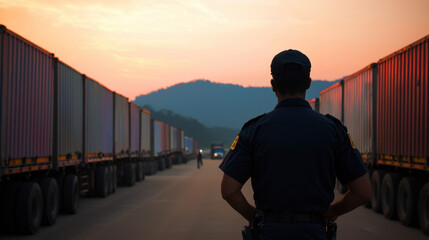 A customs officer blocking trucks at a border checkpoint, border trade restriction, global commerce obstacle