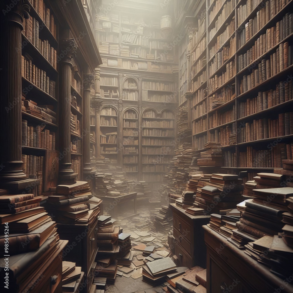 Poster a vintage library filled with tall wooden shelves packed with old books. dust-covered stacks of book