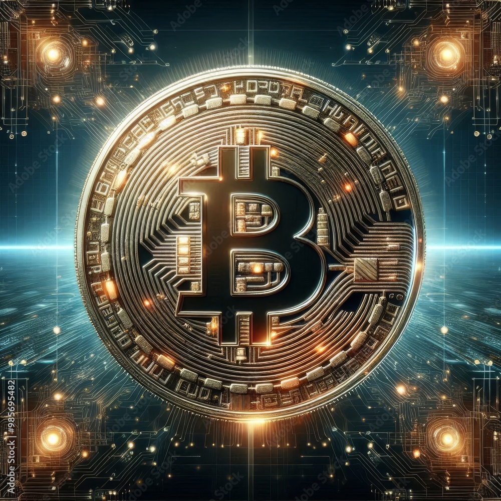 Poster a vibrant bitcoin symbol radiates in the middle of a high-tech grid, surrounded by illuminated circu