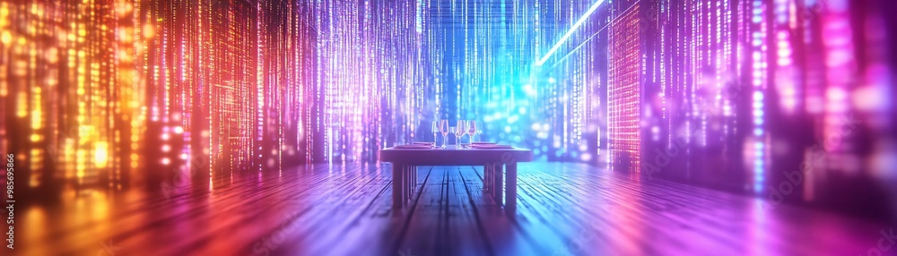 Poster vibrant abstract background with colorful lights and a wooden table, perfect for creating a festive 