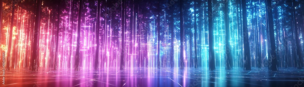 Poster vibrant abstract forest scene with glowing neon colors creating a mystical atmosphere for creative p