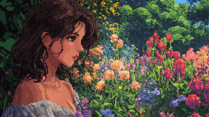 Naklejka premium A girl is sitting in a garden with flowers. She is wearing a white shirt and has a flower in her hair