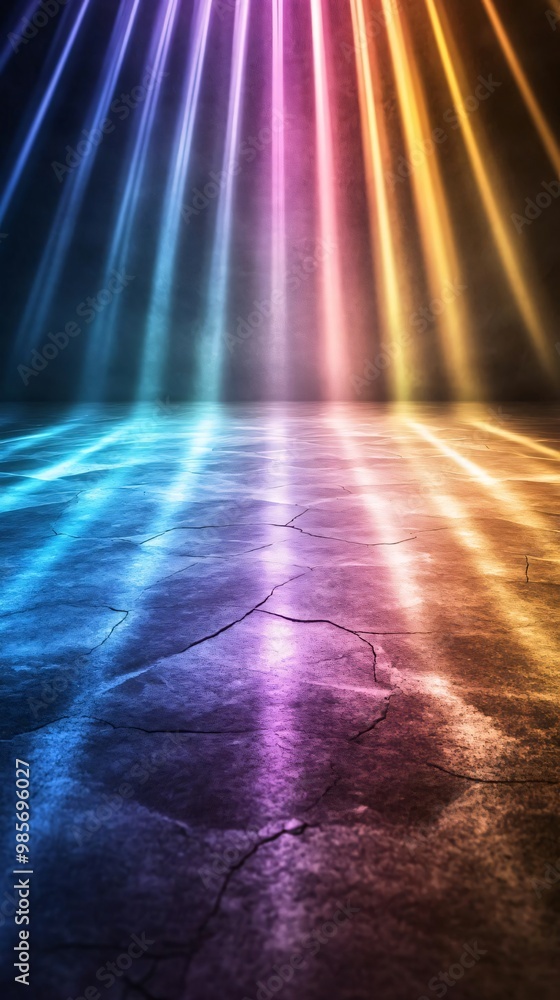 Poster vibrant light beams illuminate a textured floor, showcasing a stunning array of colorful reflections