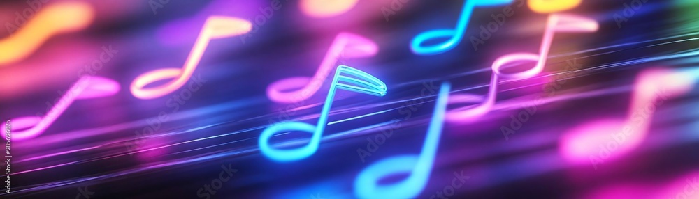 Poster vibrant musical notes in motion with colorful neon lights create a dynamic atmosphere, perfect for m