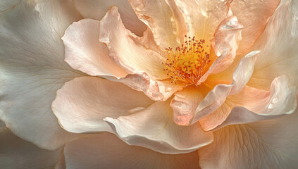 Fototapeta premium A close-up of an open rose, its petals glowing with soft peach and cream hues, set against a neutral background that accentuates the delicate details of each petal. Created with Ai