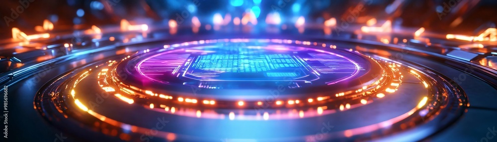 Poster a futuristic digital interface featuring vibrant lights and intricate patterns, creating a mesmerizi