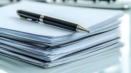 Organized Stack of Business Documents with Pen on White Background