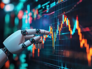 Hand of Ai robot pointing growth strategy up arrow success business marketing concept