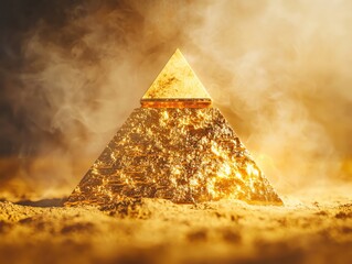 The gold pyramid of success has light emitting from its surroundings