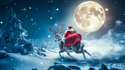 An illustration shows Santa Claus riding a reindeer and picking up a big red gift bag under the full moon. The concept of a festive holiday journey and Merry Christmas. Generative AI.