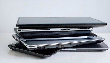 A pile of laptops, prepared for recycling on a white surface
