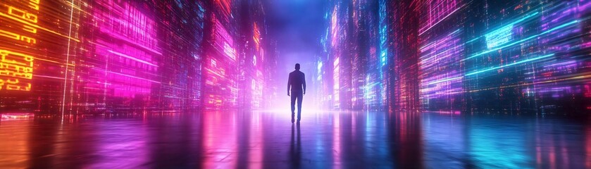 Fototapeta premium A solitary figure stands amidst vibrant, futuristic lights, creating a captivating scene of solitude and digital wonder.