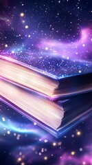 A stunning cosmic scene featuring an open book against a backdrop of vibrant galaxies and stars, inviting imagination and exploration.